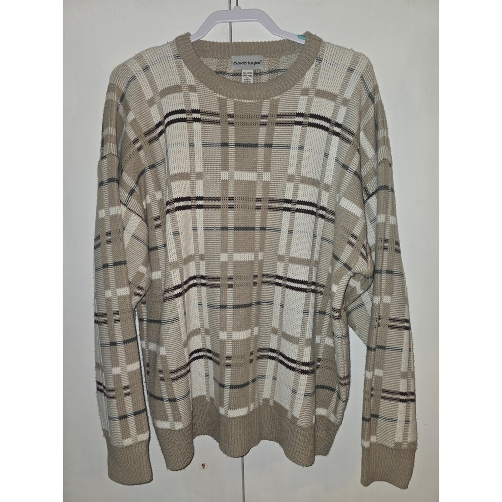 Vintage Grandpa Sweater Mens Medium Tan White Crewneck Retro Y2K Grunge